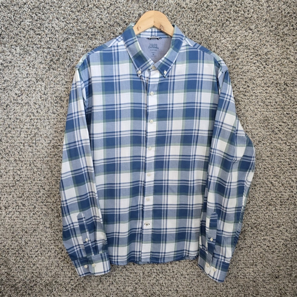 Izod Saltwater Shirt Mens XL Blue Plaid Button Down Slim Fit Cotton Casual